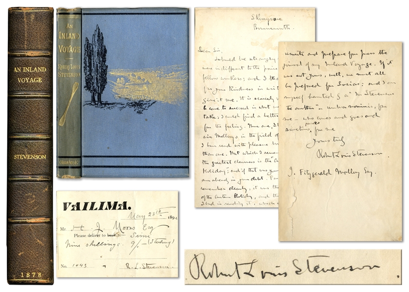 Eloquent Autograph Letter Signed by Robert Louis Stevenson, Bound Within ''An Inland Voyage'' First Edition -- ''I should be strangely made if I were indifferent to the praise of my fellow writers''